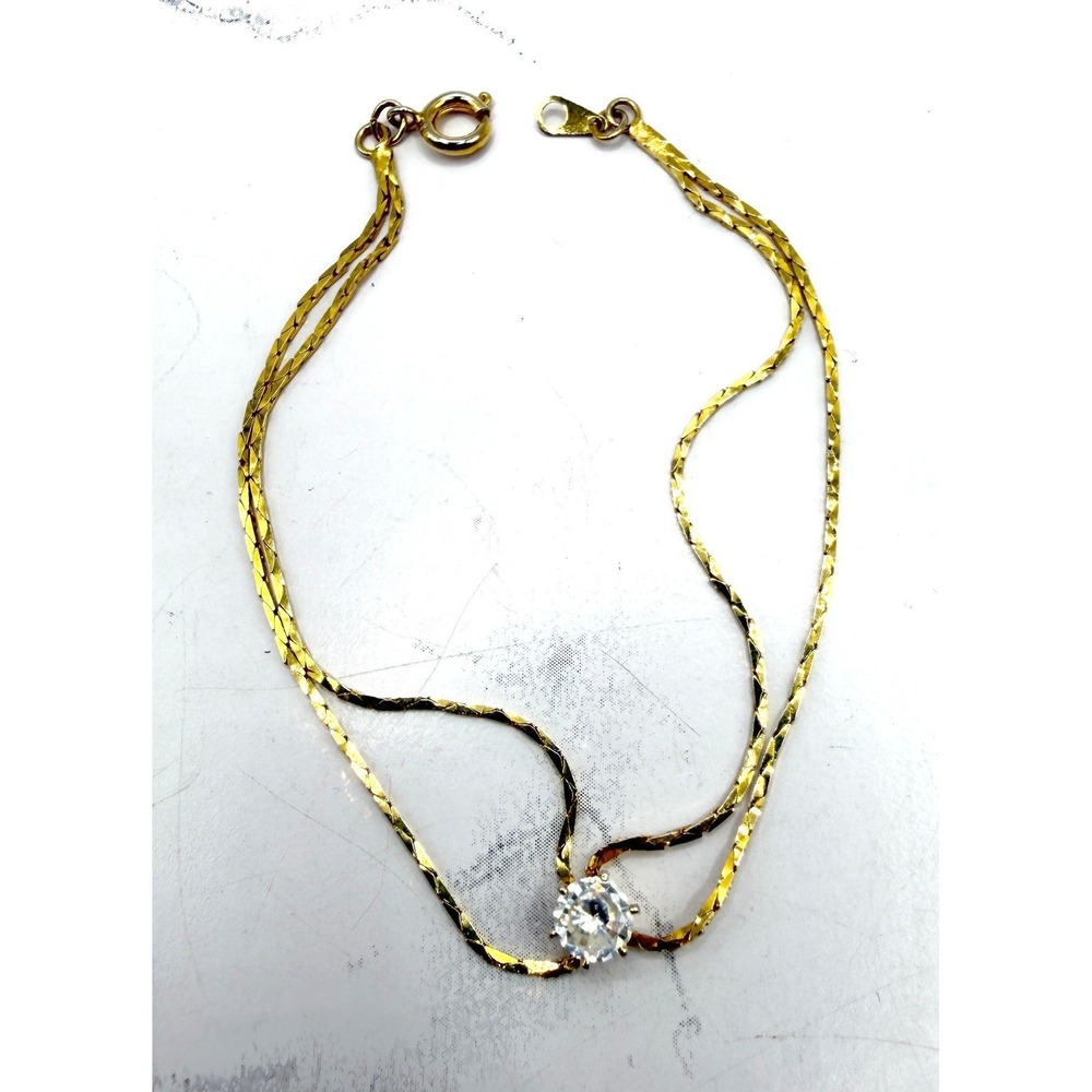 Gold Double Strand Bracelet Clear Glass Stone Dainty 7" Minimal